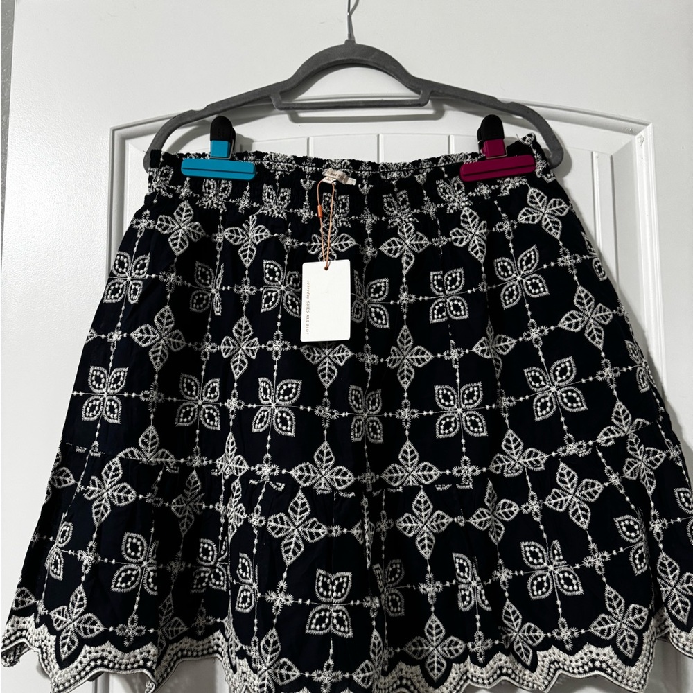 Skies Are Blue Navy and White Embroidered Skirt